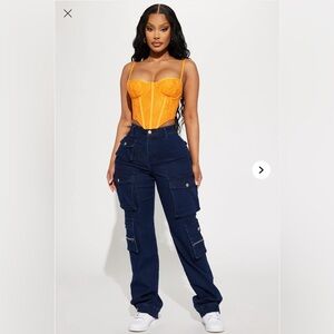 Fashion Nova Women's Dark Blue Wide Leg Cargo Jeans
